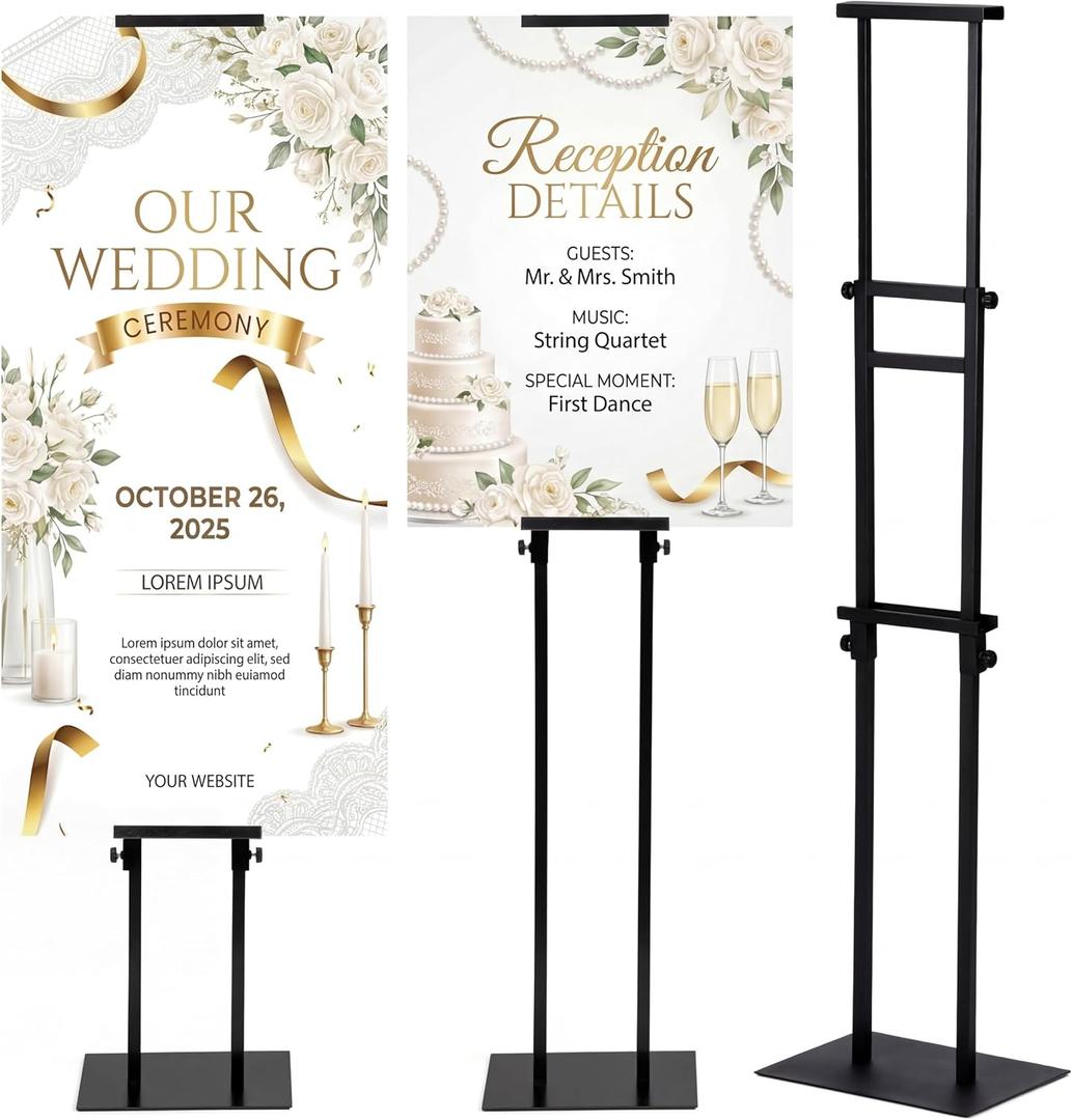 Thyle 1 Pcs Black Poster Board Holder Stand Height up to 80" Heavy Duty Welcome Sign Stand Double Sided Easel Holder with Base Adjustable Portable Sign for Wedding Restaurant(Metal)