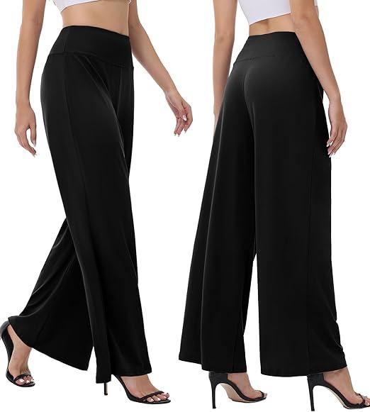 Wide Leg Palazzo Pants for Women - High Waist Casual Beach Lounge Pants Loose Dress Pants Stretchy, Black, 2XL, Pack of 2