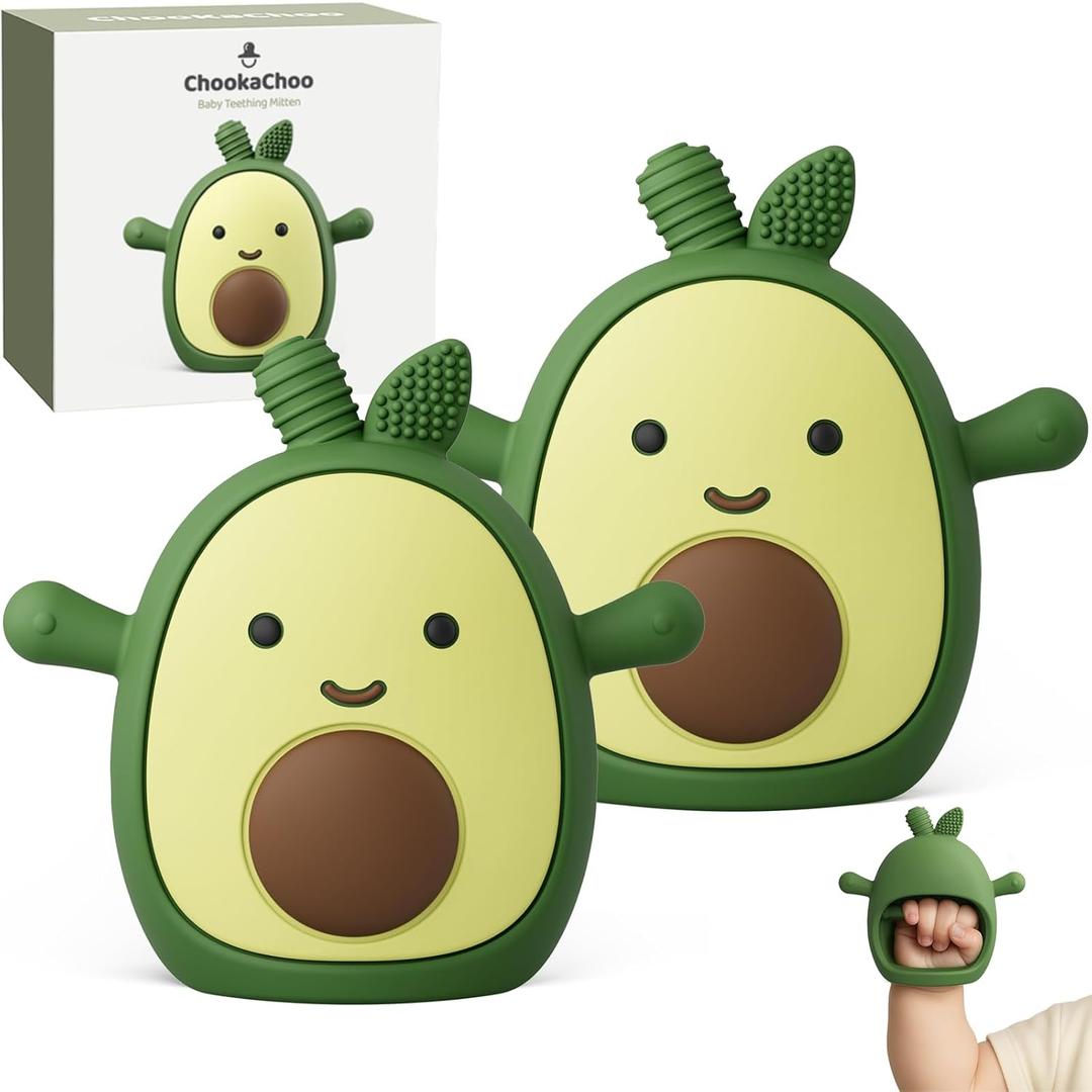 ChooKaChoo 2 Pack Baby Teething Toy Silicone Avocado Teething Mitten for Babies Over 3 Months Anti Dropping Wrist Hand Teethers Baby Chew Toys for Sucking Needs, BPA Free