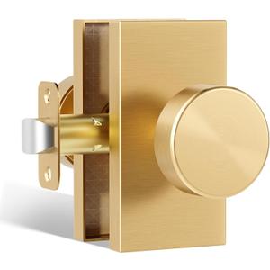 Satin Brass Door Knobs Interior, Modern Round Passage Brushed Gold Brass Door Knobs Door Handles Contemporary for Hall and Closet Rectangle, Passage, Brushed Brass