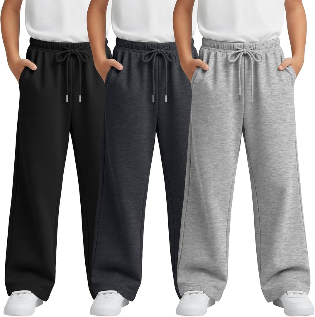 3 Pack Boys Baggy Sweatpants Athletic Wide Leg Joggers Elastic Waist Track Pants Open Bottom Pants with Pockets, 11-12Y