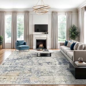 Abstract Rug 8x10 Large Living Room Rugs Neutral Modern Washable Area Rugs for Bedroom Dining Room Non-Slip Stain Resistant Foldable Thin Rug Blue Yellow