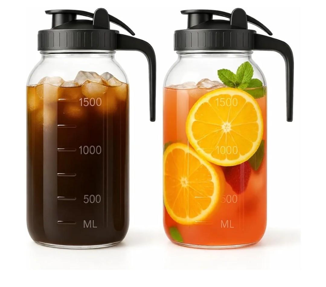Mason Jar Pitcher Set of 2-64oz (2 Quart) Airtight & Leakproof Glass Pitcher with Lid, Perfect for Storing Breastmilk, Cold Brew, Sun Tea, with Easy-Pour Spout Lid