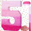Sratte Number Piata Pink Piata Birthday Decorations Gradient with Stick Blindfold Confetti for Girls Boys Birthday Anniversary Party Decorations Supplies(Number 5)