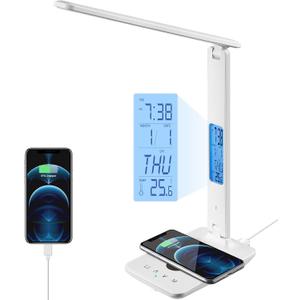 LED Desk Lamp with Wireless Charger, USB Charging Port, Office Table Lamp with Clock, Alarm, Date, Temperature for Home Office, White