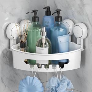 TAILI Corner Shower Caddy with Suction Cups, Wall Mounted Organizer Plastic Rack for Small Bathrooms, Kitchen, Removable Drill-Free Heavy Duty Shelf Basket, White