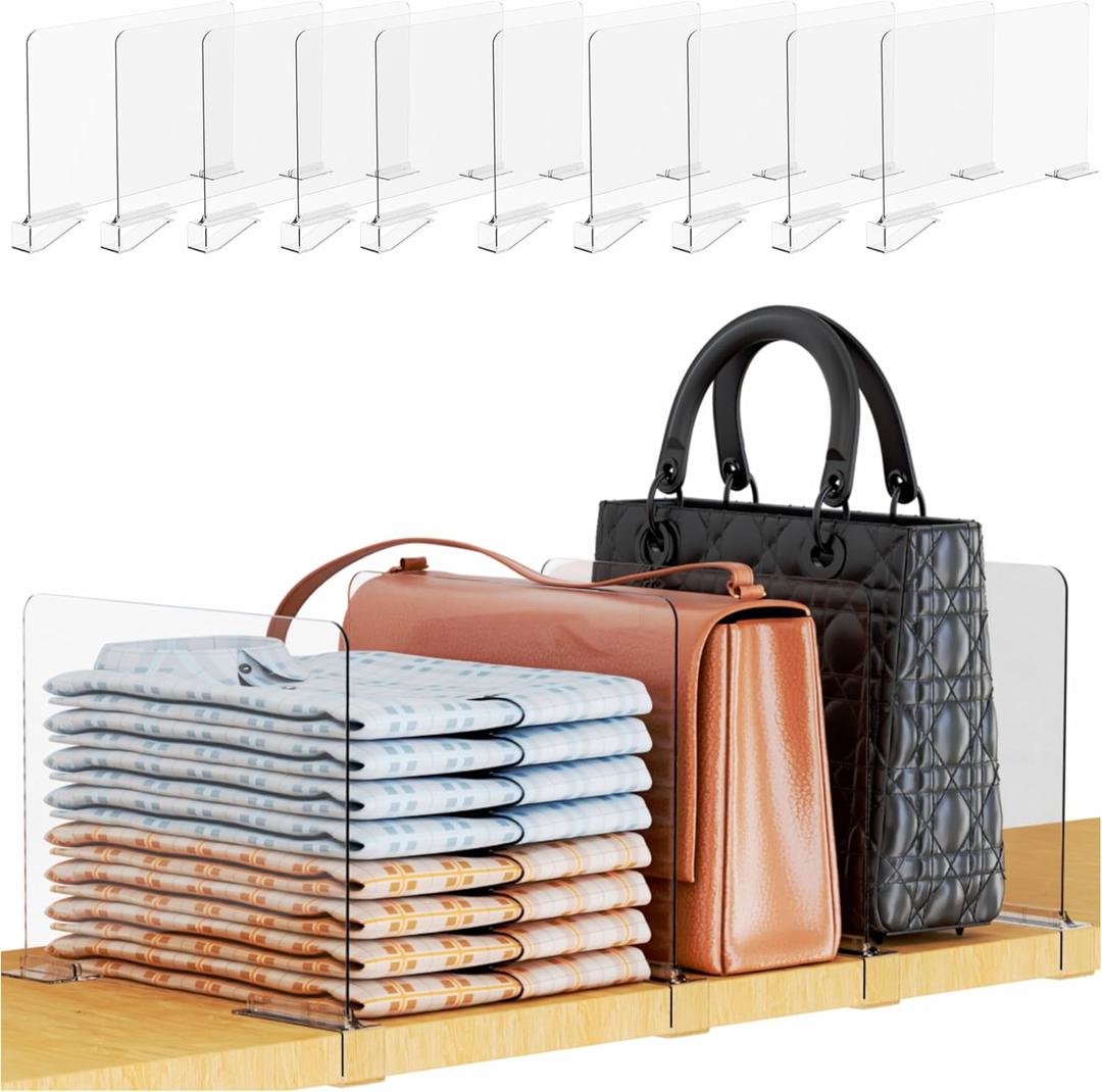 Yieach 10 Pack Towel,Sweater,Purse Organizer and Acrylic Shelf Dividers for Closet Organization - Adjustable Height - Vertical Shelf Separators for T Shirt,Clear Closet Shelf Divider for Wood Shelves