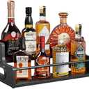 KLM Liquor Bottle Display Shelf, Coffee Syrup Rack Organizer, 2 Step Countertop Liquor Wine Rack, Mini bar,Liquor Cabinet, Home Retro Bar Shelf Stand for Liquor Whiskey, Spirits, (Black)