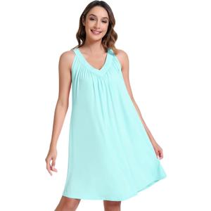 NACHILA Women's Nightgowns-Viscose Made from Bamboo, Sleeveless Sleep Shirts Pleated Night Dress Cool Sleepwear (Blue, L)