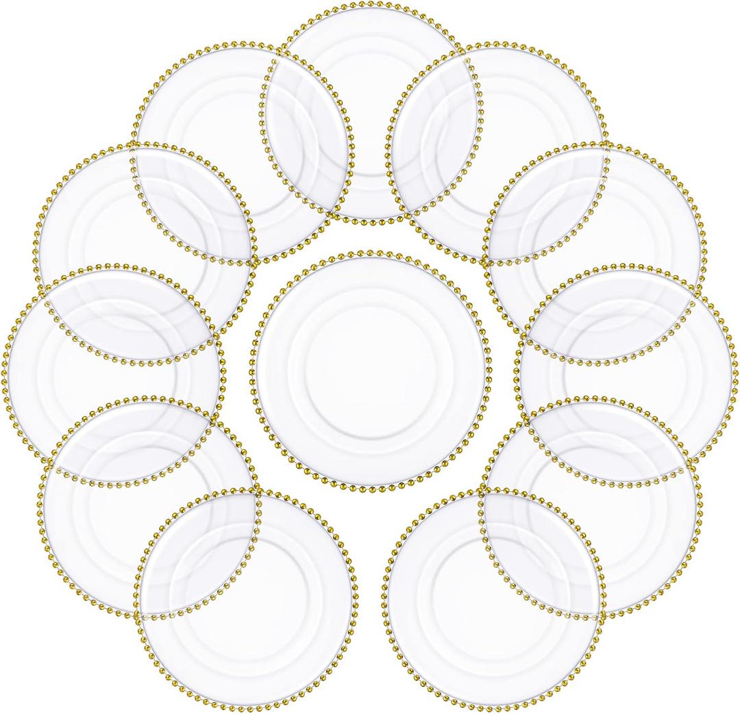 12 Pcs 13'' Gold Clear Plastic Charger Plates with Bead Rim Round Clear Beaded Charger Plate Decorative Dinner Tableware Wedding Birthday Xmas Thanksgiving Halloween Party Table Dinner Decor