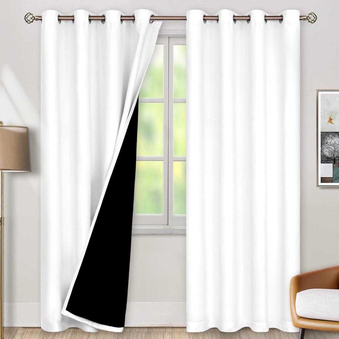 BGment Thermal Insulated 100% Blackout Curtains for Bedroom with Black Liner, Double Layer Full Room Darkening Noise Reducing Grommet Curtain (52 x 90 Inch, Pure White, 2 Panels)