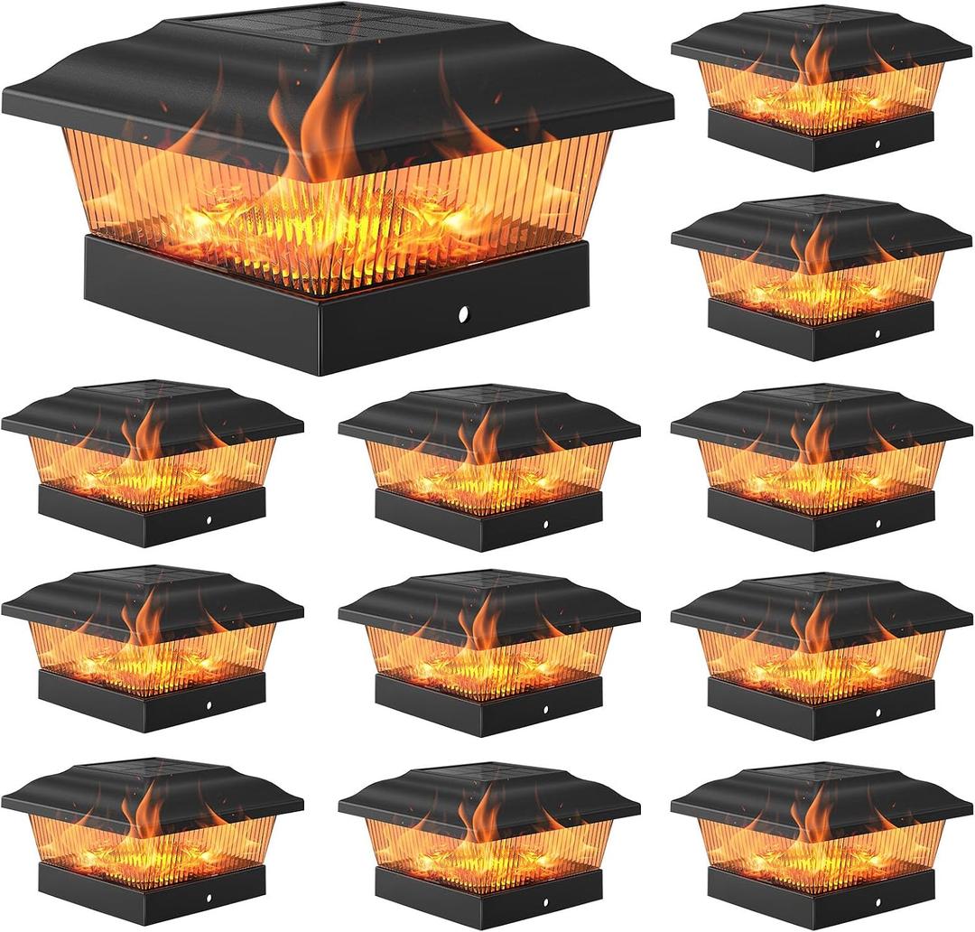 APONUO Solar Post Cap Lights, Warm Light& Flickering Flame Fence Post Lights for 3.5x3.5 4x4 Wooden/Vinyl Posts, Waterproof Deck Posts Light Solar Powered for Garden/Patio/Porch, Black 12 Packs