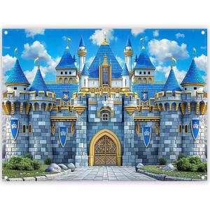 8x6ft Polyester Blue Medieval Castle Photography Backdrop Knight Royal Stone Wall Sky Cloud Background Kids Birthday Party Decorations Photo Props