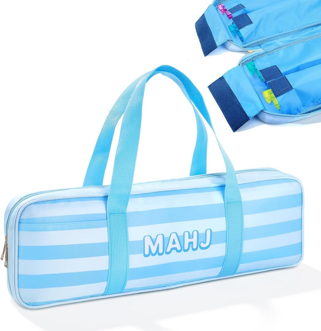 Mahjong Rack Storage Bag 20.5 x 6.7 x 2.36 Inch, Blue Stripe | 4 Independent Compartments, 1 Front Pocket, For Tiles and Racks, For Game Nights, Travel, Parties and Outdoor Gaming，Only Bag