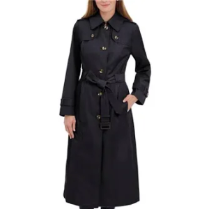 London Fog Women's Single Breasted Long Trench Coat with Epaulettes and Belt, Black, Large