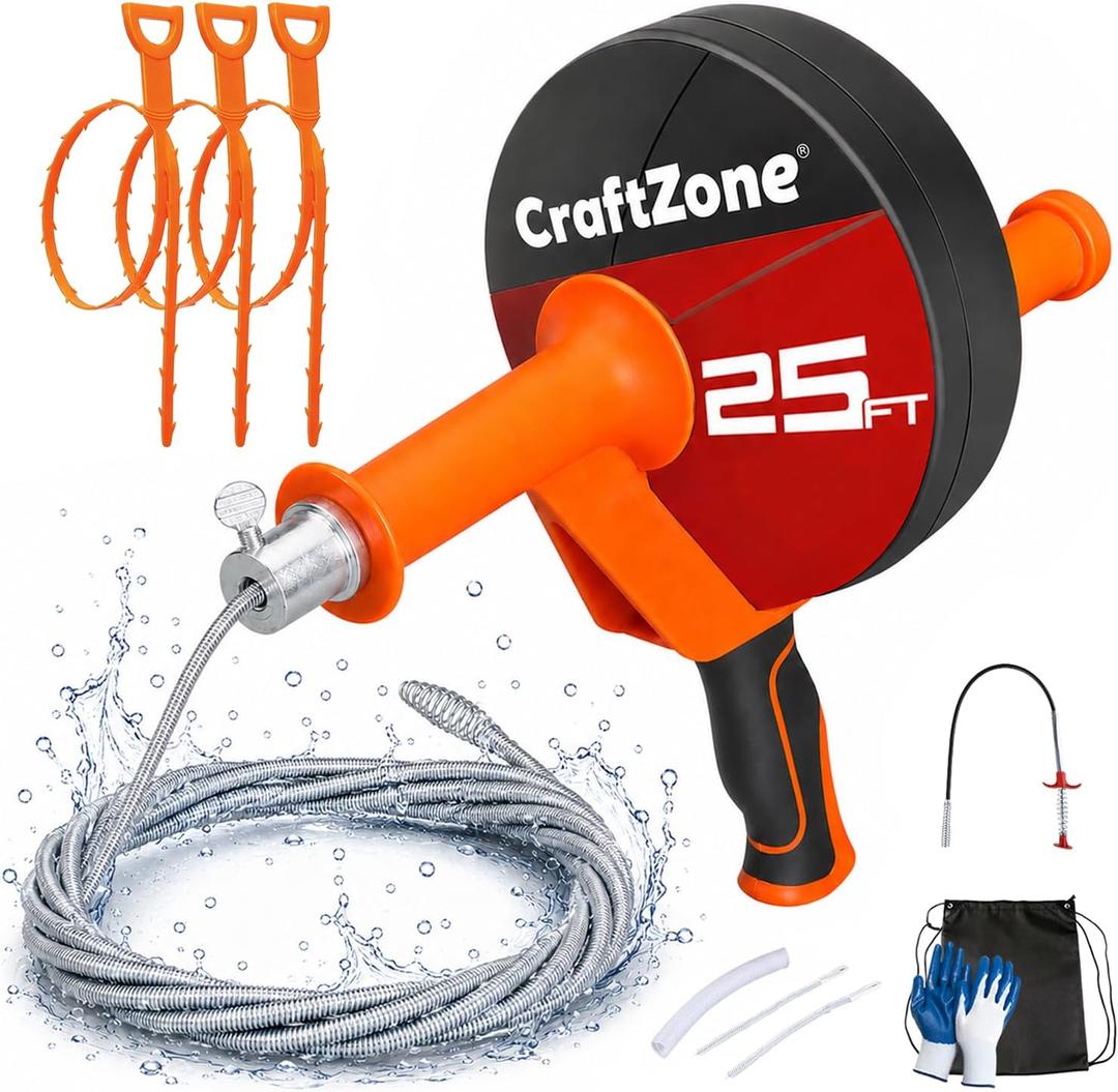 Drain Auger 25 Ft, Plumbing Snake With Drill Adapter, Pipe Clog Remover for Kitchen Bathroom Shower Sink Cleaning, Flexible Spring Steel (Orange)