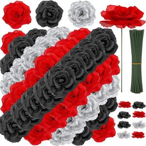 108pcs Roses Head Flowers with Stem - Red & Black Silver Graduation Artificial Flowers Rose Bulk - Silk Rose Fake Flower for Wedding Bouquet Decor DIY Baby Shower Centerpieces Grad Party Tables Decor