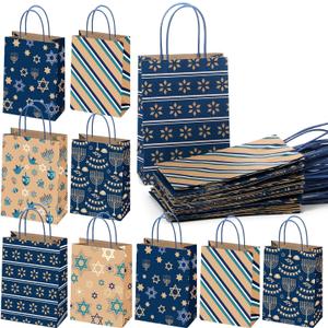 Kolldenn 24 Pcs Hanukkah Kraft Gift Bags Assorted Happy Chanukah Jewish Menorah Paper Present Bags for Hanukkah Holiday Jewish Party Favor Supplies