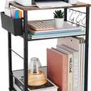 LEKETREE Small Under Desk Storage, Brown Printer Stand with Storage Shelf, 3Tier Height Adjustable Printer Table with Basket & 3 Hooks for Home Office Fax Machine Scanner Files