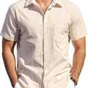 Mens Cotton Linen Textured Shirt Button Down Short Sleeve Shirt (XXL)