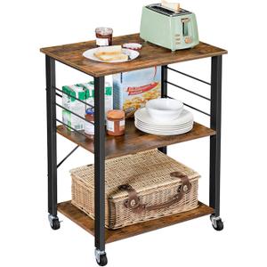 VASAGLE Kitchen Shelf on Wheels, 23.6 Inches Serving Cart with 3 Shelves, Kitchen Cart, Microwave Shelf, for Mini Oven, Toaster, with 6 Hooks, Industrial Style, Rustic Brown and Ink Black UKKS60XV1, 23.6"W x 35"H
