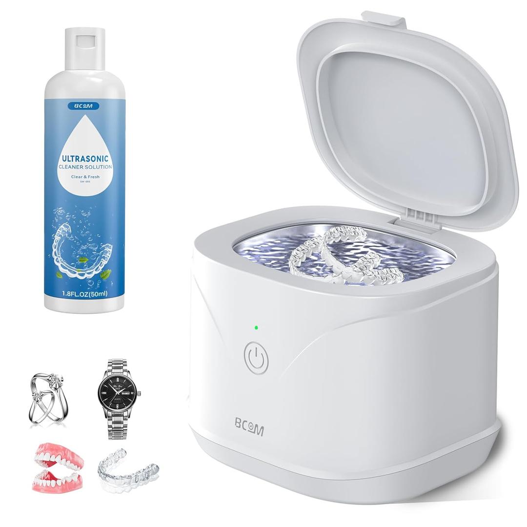 Bcom Retainer Cleaner, Ultrasonic Retainer Cleaner Machine with 50ml Solution, 46kHz Soinc Dentures Machine Professional Portablefor Dental Retainer, Mouth Guard, Watch, Ring, Household and Travel Use