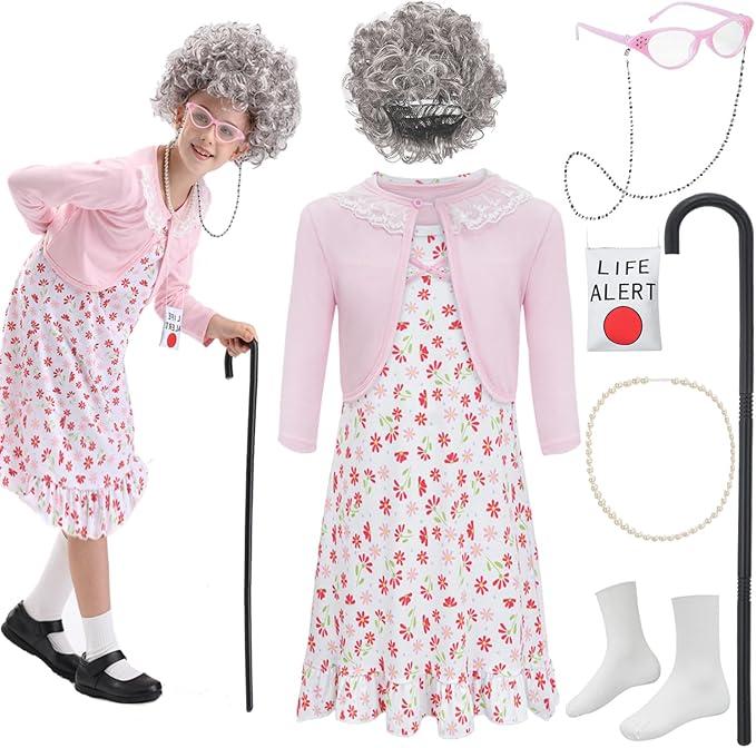 100 Days of School Kids 100 Day Old Lady Costume Girls Granny Dress up 100 Year Grandma, Size 8-10 Years