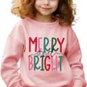 Merry and Bright Sweatshirt Kid Boy Girl Christmas Letter Print Pullover Crewneck Long Sleeve Shirt Tops 6-7 Years (Pink)