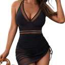 Blooming Jelly Women One Piece Swim Dress Tummy Control Swimsuits Slimming Mesh Sheer Sarong Wraps Bathing Suit (Black, L)