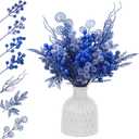 Syhood 80 Pcs Royal Blue Winter Artificial Berry Picks and Pine Branches Stems Set, 7 Style Glitter Snowy Holly Berry and Branches for Wedding DIY Wreath Garland Party Winter Decor