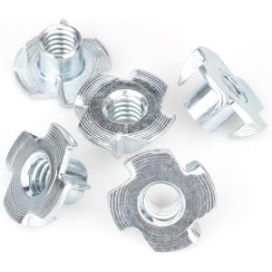 1/4"-20 T-Nuts (100 Pack), Zinc-Plated Steel Corrosion Resistant, 5/16" Barrel Length, 4-Pronged Tee Nut for Wood, Rock Climbing Holds, Cabinetry