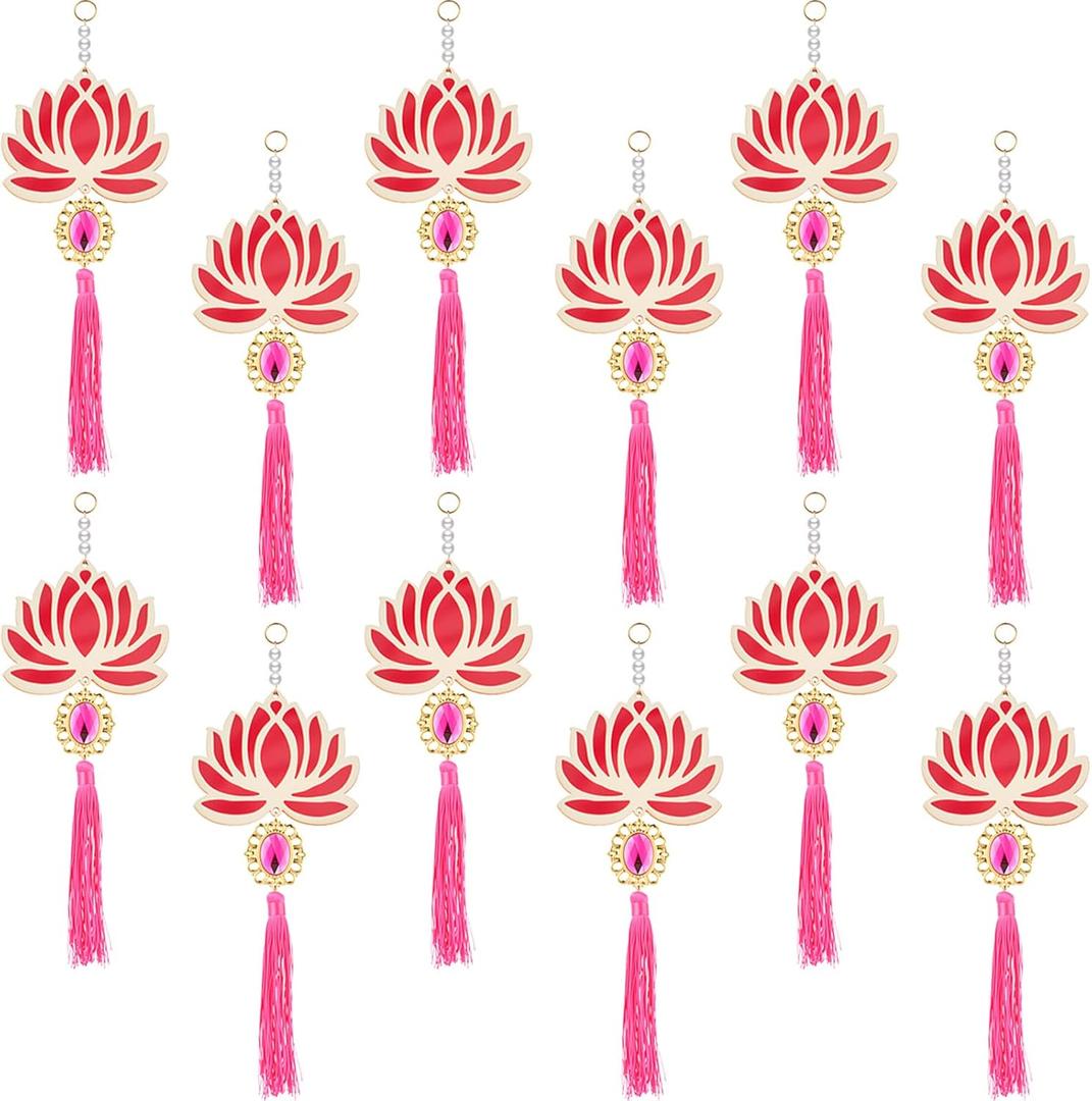 12 Pcs Lotus Diwali Hanging Decorations for Home 10 Inch Wooden Lotus Garlands Backdrop Wall Hanging for Indian Pooja Ganesh Chaturthi Navratri Temple Wedding Decor