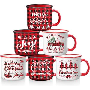 Pickmesh 6 Sets of Christmas Coffee Mug Christmas Red Black Plaid Ceramic Mugs with Handle 12OZ Red Checkered Cup Set Xmas Holiday Coffees Cups for Home Office Table Decoration Holiday Party Gift