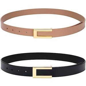 YooAi Womens Leather Belt Skinny Waist Belt for Dresses Jeans Pants with Gold Buckle, 2 Pieces, (Black, Brown)