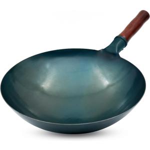 Carbon Steel Wok Traditional Hand Hammered Wok,14 Inch,Round Bottom(Roasted Blue)