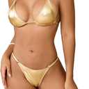SHENHE Women's 2 Piece Swim Suits Metal Halter Neck Bow Tie String Thong Bikini Sets Bathing Suit (Gold) S