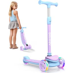 BELEEV A8 Scooter for Kids Ages 3-12, 3 Wheel Folding Scooter for Toddlers Girls Boys, LED Light-Up Wheels, 4 Adjustable Height, Lean to Steer, Extra Wide Wheels, Three Wheel Kick Scooter for Children (Purple)