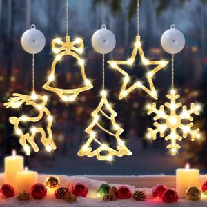 5PC Christmas Window Lights Decorations, Window Christmas Decorations with Suction Cup, Lighted Bell Tree Reindeer Snowflake Star with Timer Function, For Windows, Glass Walls, Christmas Trees (Warm colours)