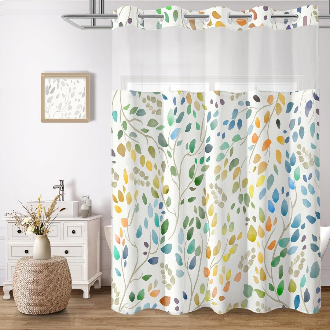 No Hook Shower Curtain with Snap in Liner Set, Boho Colorful Leaves Design, Waterproof Washable Fabric Floral Shower Curtains for Bathroom Decor with See Through Mesh Top Window 54x80 Inch