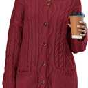 Saodimallsu Womens Cable Knit Cardigan Sweaters Fall Oversized Long Sleeve Button Open Front Knit Sweater Coats (Medium, Dark Red)