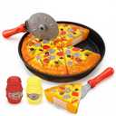 11 PCS Pizza Party Toy Play Set for Kids, Pizza Pie Pretend Play Food - Slice and Serve Plastic Kitchen Cooking and Cutting Playset