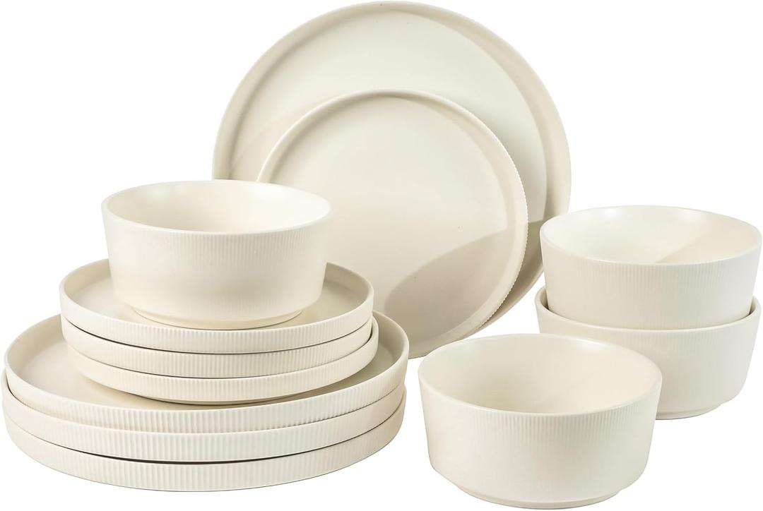 Gibson Home Dempsey Road 12-Piece Stoneware Dinnerware Set  Service for 4, Round White Plates and Bowls, Durable Solid Color Modern Embossed Dish Set, Microwave & Dishwasher Safe