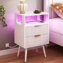 JOONEE White Nightstand with Charging Station and LED Lights,Modern Bedside Table with 2 Storage Drawer and Open Wood Shelf, for Bedroom and Small Spaces,Night Stand with Solid Wood Legs,White