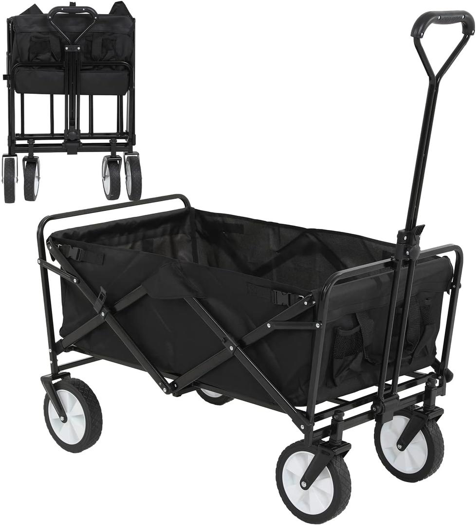 Folding Wagon Cart Portable Collapsible Beach Wagon Cart Outdoor Sports Wagon Camping Wagon Heavy Duty Utility Cart with Adjustable Handle for Grocery, Garden, Beach, Sport, Shop, Camping(Black)
