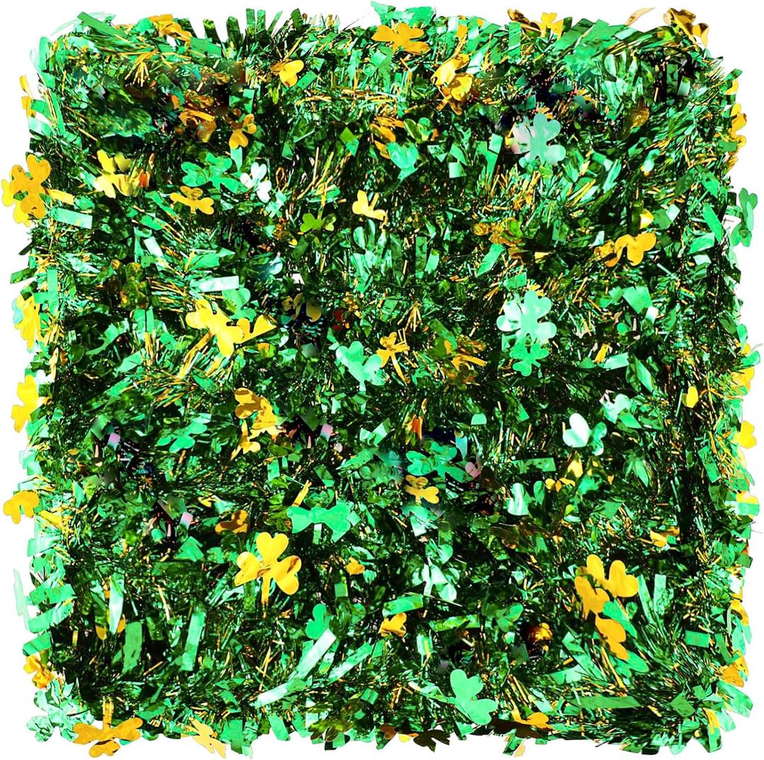 Riceshoot 131.23 ft St. Patrick's Day Tinsel Garland Metallic Irish Shamrock Garland Decorations for St Patrick Tree Mantle Office Party Indoor Outdoor Decor