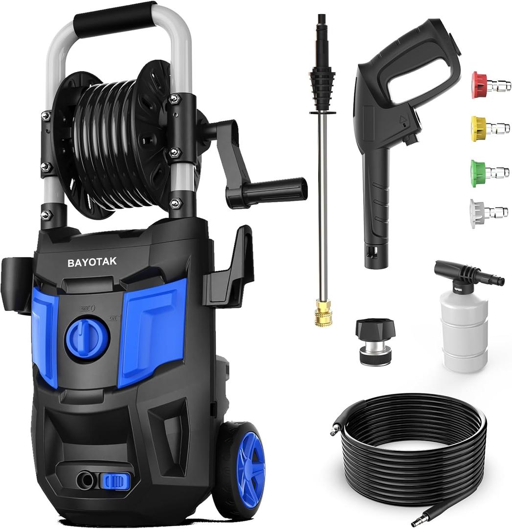 Electric Pressure Washer, 5200 PSI Max 3.4 GPM, High Pressure Cleaning Machine with Foam Cannon, 35 FT Power Cord, 20 FT Hose, 4 Connect Nozzles Hose Reel for Cars/Patio/Garage
