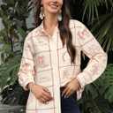 MYMORE Women's Western Cowgirl Graphic Button Down Shirt Long Rolled 3/4 Sleeve Floral Print Cowboy Shirts (Beige, M)