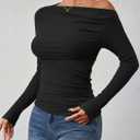 ZESICA Womens Off Shoulder Long Sleeve Tops 2026 Spring Casual Boat Neck Ruched Slim Fit Going Out Y2k Shirts Blouses (Black, M)