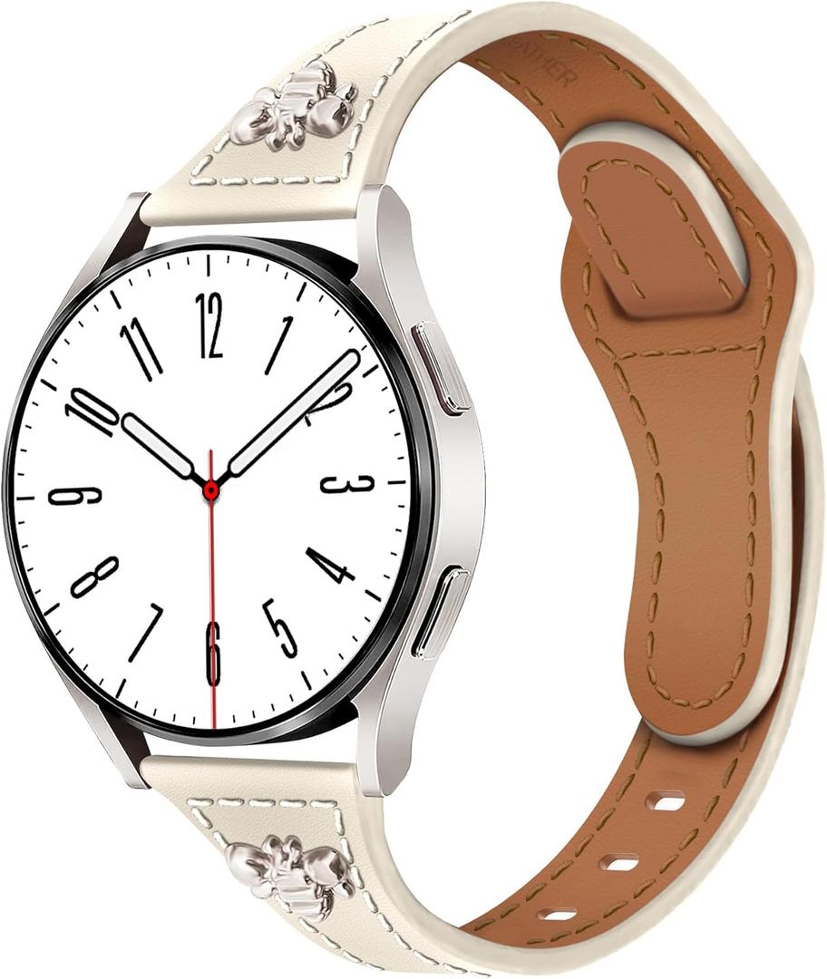 Newlibery Slim Leather Band with Charms Compatible with Samsung Galaxy Watch 7/6/5/4/FE/Active2 40mm 44mm/6 Classic 43mm 47mm/5 Pro 45mm/4 Classic 46mm 42mm,Top Genuine Dressy Leather Strap 20mm Women,  Starlight-Starlight (Only 20mm)
