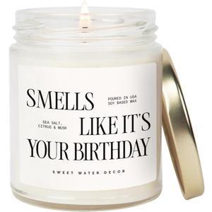 Sweet Water Decor Smells Like Its Your Birthday Candle 9oz, Soy Non-Toxic Birthday Candle with Gold Lid, Sea Salt Citrus Musk Amber Scent, Fun Birthday Gift for Women, Friends, Mom, Sister, Coworkers